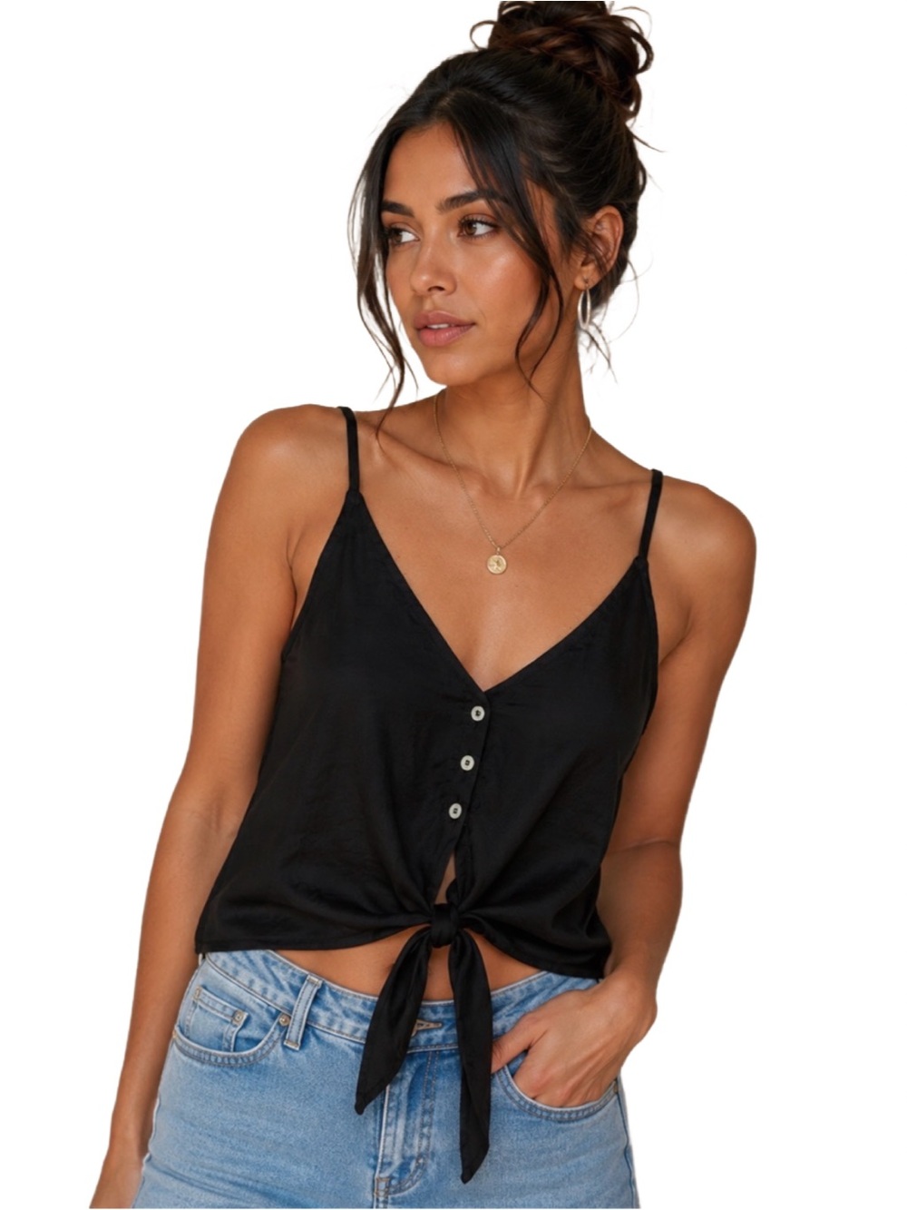 ✨ Free People Intimately Black Satin Tie Front Cami Cropped Top Size S✨